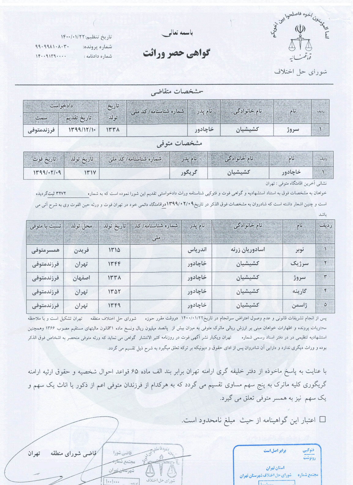 گواهی حصر وراثت