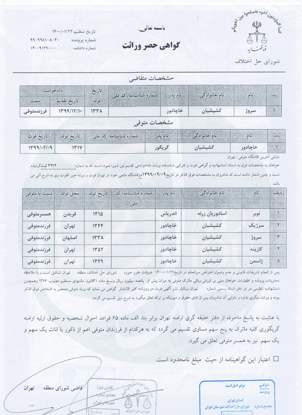 گواهی حصر وراثت