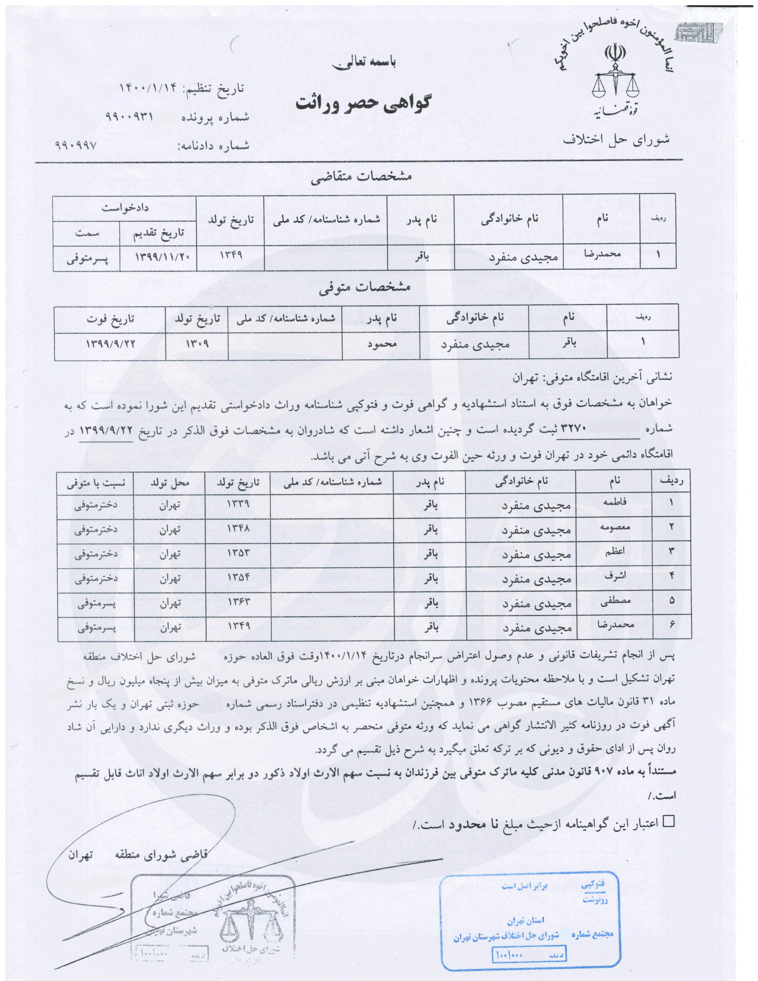   انحصار وراثت 